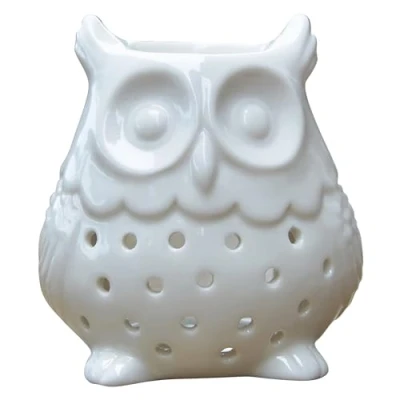 Afbeelding van Geurbrander brander fondant geurwas diffuser voor etherische oliën en geuren kaarsenhouder windlicht keramiek wit geluksbrenger, H 12 cm uil Zen&#039;Arôme