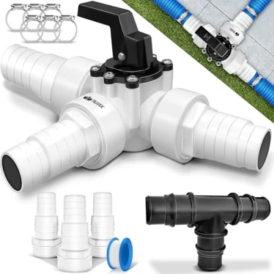 Afbeelding van tillvex® Bypass Set Zwembad 12 delig Ø 32/38 mm, 3 wegventiel en ABS adapter, met 6 x roestvrijstalen slangklemmen 8 m isolatietape voor zandfiltersystemen, warmtepompen &amp; zwembadverwarming