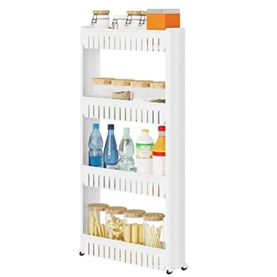 Afbeelding van WOLTU Keukenwagen met 4 niveaus, smalle rolwagen, niswagen keuken, nisrek op wielen, badkamerrek, 13 x 102 54 cm, wit, RGB36ws