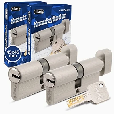 Afbeelding van GERCAR Pro Knopcilinderslotenset, 45/45, massieve slotcilinder, gelijksluitend met knop set van 2 cilindersloten messing, mat vernikkeld inclusief 10x keersleutels, lengte: 90 mm, A: 45 B: