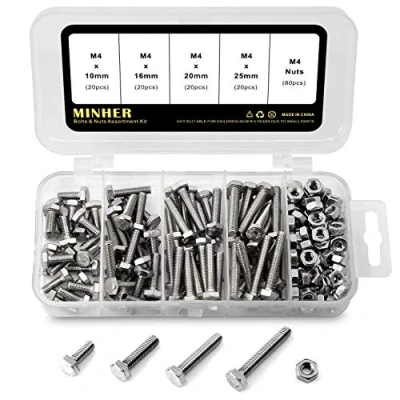 Afbeelding van M4 304 Rvs Zeskantbouten Bouten en Moeren Set, Machine Schroeven (10mm 16mm 20mm 25mm)