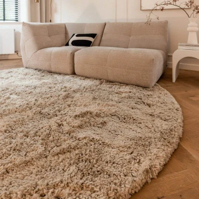Afbeelding van Rond Hoogpolig Vloerkleed Pilo Beige Polyester Interieur05