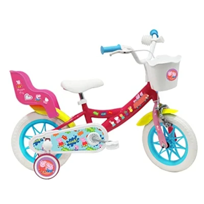 Afbeelding van Vélo ATLAS Peppa Pig Fiets 12 inch met rem, mand voor, poppenhouder, spatborden, carter en stabilisatoren voor meisjes, fuchsia