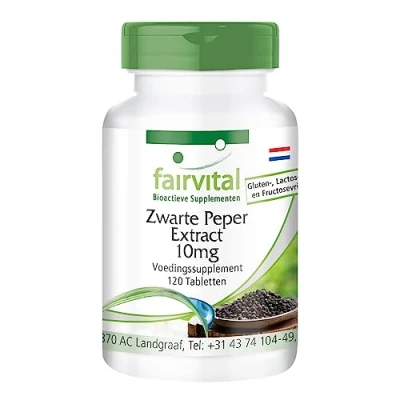 Afbeelding van fairvital Zwarte Peper Extract 10 mg 120 tabletten 95% Piperine 4 maanden lang 100% Veganistisch Kwaliteit getest Made in Germany