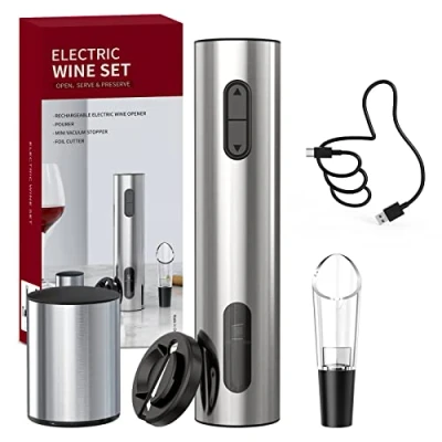 Afbeelding van CIRCLE JOY elektrische wijnopenerset, kurkentrekker, wijn, oplaadbare wijnflesopener, cadeauset met foliesnijder, wijnbeluchter en vacuüm wijnsluiting, zilver