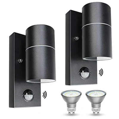 Afbeelding van 2 delige LED buitenlamp met bewegingsmelder, IP44 waterdicht, moderne wandlamp voor binnen en buiten, zwart, incl. 5 W, GU10 LED, warm wit, 230 V
