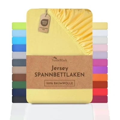 Afbeelding van NatureMark Jersey hoeslaken, 100% katoen, in vele maten en kleuren, merkkwaliteit, Öko Tex standaard 100, 180 x 200 cm tot cm, geel