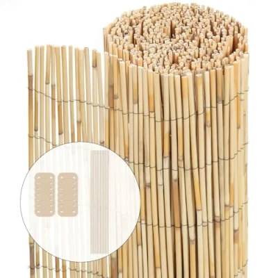 Afbeelding van VOUNOT Rieten scherm, natuurlijk, 90 x 600 cm, inkijkbescherming op rollen met bevestigingsclips, bescherming tegen inkijk, omheining voor buiten, decoratief, tuin, terras en balkon