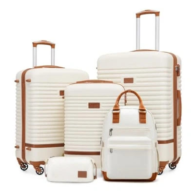 Afbeelding van COOLIFE Koffer trolley reiskoffer van ABS harde schaal 4 wielen TSA slot De bevat 1 reisrugzak en toilettas, wit/bruin., Set 5tlg, Reisset, prachtig ontworpen,