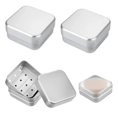Afbeelding van 3 stuks zeepdoos met afdruiprooster reizen, afdruiprooster, groot, van roestvrij staal, zeepbakje aluminium, klein voor op reis
