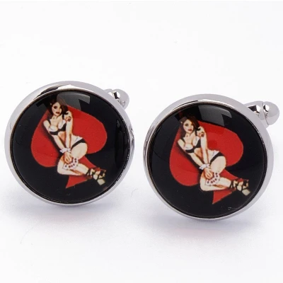 Afbeelding van Manchetknopen Pin up Girl Zwart met Rode Schoppen Kaarten