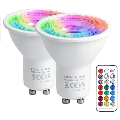 Afbeelding van VARICART GU10 6W LED Lamp, RGB + Koelwit 6000K, Dimbaar 12 Kleurwisselend 5 Modi, Ingebouwd Geheugen met Afstandsbediening, 35W 50W Equiv. Spotlight voor Alledaagse en Sfeerverlichting (Pak van 2)