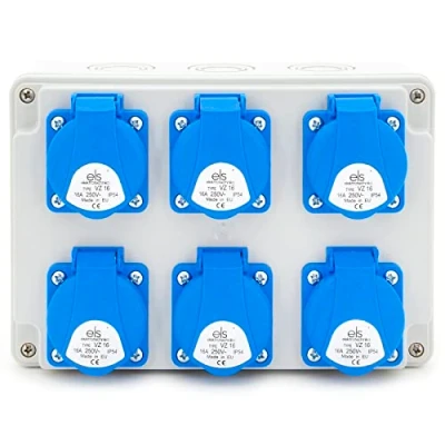 Afbeelding van ELS Elektrotechnika Wandverdeler stroomverdeler 6x230V Schuko stopcontacten IP54 bouwstroomverdeler, stekkerverdeler, klaar voor gebruik, werkplaats, garage, IP44
