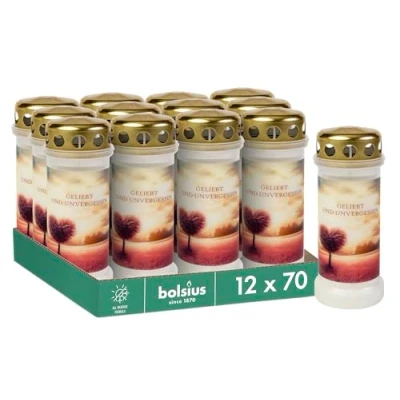 Afbeelding van Bolsius Graflicht wit 12 stuks lengte brandduur 70 uur rouwkaars &amp; gedenkplaats kaarsen permanente brander met motief boom ongeparfumeerd zonder palmolie nr. 6