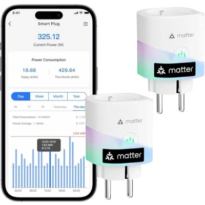 Afbeelding van meross Matter WLAN stopcontact met stroomverbruik, 16A slim elektriciteitsmeter voor balkoncentrale, werkt Apple Home, Alexa en Google stembediening, toegang op afstand, 2 er