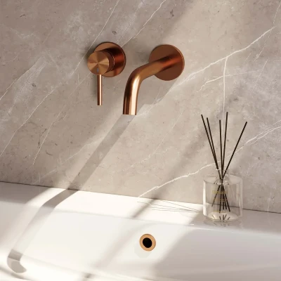 Afbeelding van Brauer Copper Edition Wastafelmengkraan inbouw gebogen uitloop rechts hendel lang smal model A2 PVD geborsteld koper
