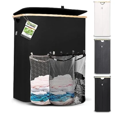 Afbeelding van Hennez Wasbox 150 liter, wasmand 3 vakken, deksel, wassorteerder met waszak, laundry basket, beige bamboe, wasketon, sorteersysteem, wasverzamelaar