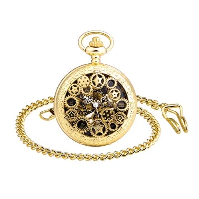 Afbeelding van MICGIGI Unisex Mechanische Handwind Zakhorloge Retro Gear Punk Skelet Pocket Fob Horloges met Ketting, Goud,