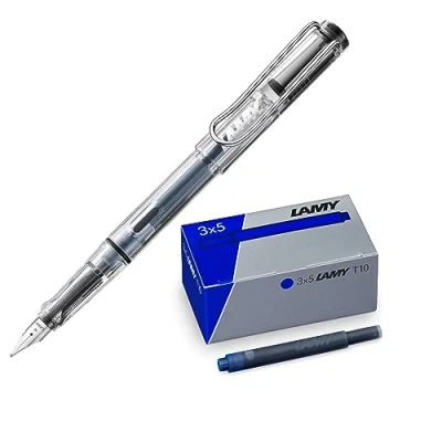 Afbeelding van Lamy set van 1x safari vista transparante vulpen pen M en T10 3 inktpatronen in originele doos inktkleur blauw