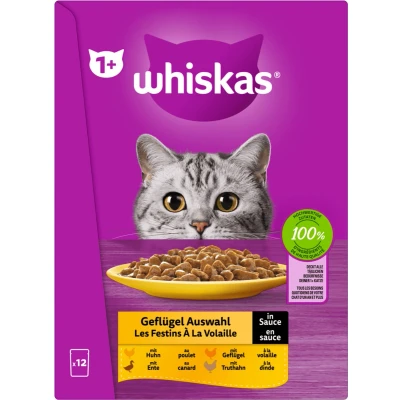 Afbeelding van 12x85g 1+ Adult Gevogelte selectie in Saus Whiskas Kattenvoer Maaltijdzakjes