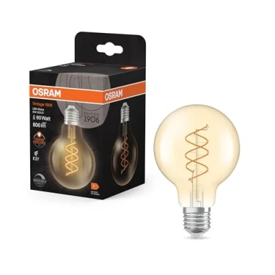 Afbeelding van OSRAM Vintage 1906 Globe is a warm white, dimmable LED lamp in the shape of ball with spiral filament. It offers 8 W for 806 lm, E27 socket, gold coloured glass, 80 mm diameter, 2,200 K, EEK F.