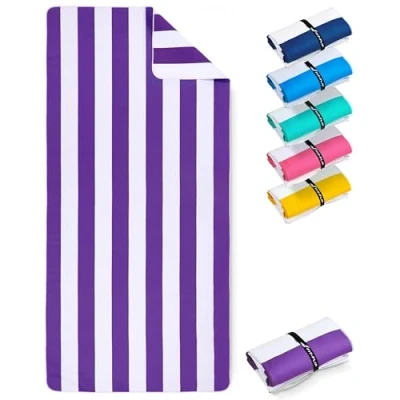 Afbeelding van Stranddeken XXL microvezel strandhanddoek groot, licht en sneldrogend 100% gerecyclede handdoek Strandlaken Violet Wit gestreept 200cmx90cm