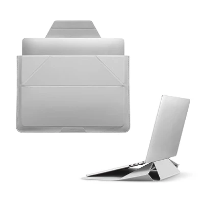 Afbeelding van MOFT Laptophoes, tas en laptopstandaard voor 15 16 inch notebook, laptoptas van kunstleer met 2 verstelbare hoeken, uitbreidbare opbergruimte, compatibel MacBook Air 2021 2022, mistig grijs
