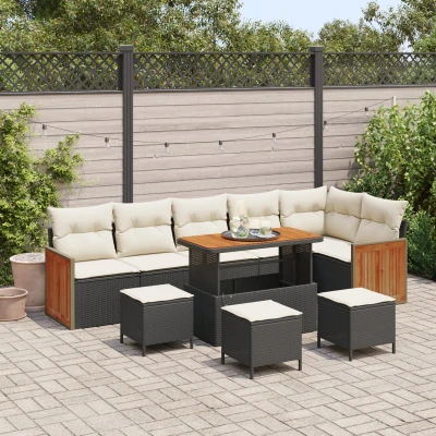 Afbeelding van vidaXL 10 delige Tuin Sofa Set met Kussens Zwart Poly Rattan Acacia, 4 Eet Acacia