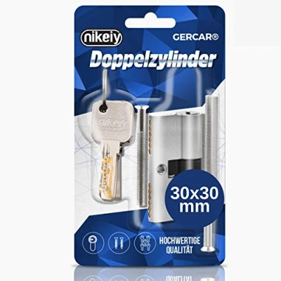 Afbeelding van GERCAR Pro Profielcilinderslotenset, 30/30, massieve slotcilinder, dubbele, cilinderseursloten, van messing vernikkeld inclusief 5 sleutels, keersleutels, lengte: 60 mm, A: 30 B: 1x