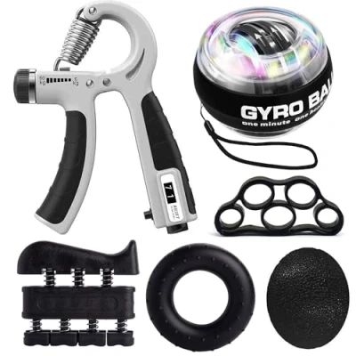 Afbeelding van Grip Strength Trainer Kit (6 stuks) met vingeroefenaar, handgreepversterker, handverlengingstrainer, stressverminderende bal, gripring, gyrobal voor spieropbouw en herstel van blessures