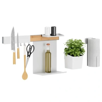 Afbeelding van tesa Keukenorganizer Combi Set L Zelfklevende Keukenrail met Kruidenpot, 2 Planken, Messenhouder, Keukenrolhouder en Haakrail incl. 3 Haken Installatie zonder Boren Bamboe/Wit