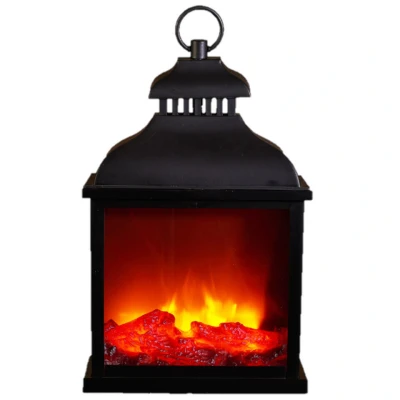 Afbeelding van Sfeerhaard/open haard lantaarn zwart met led verlichting L25 x B15 H42,5 cm Woondecoratie/kerstversiering