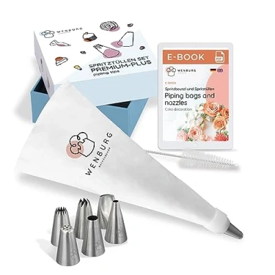 Afbeelding van Wenburg Set spuitzakken, 7 grote professionele roestvrijstalen opzetstukken voor cake, taarten, cupcake decoratie (set Premium Plus)