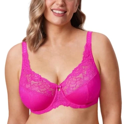 Afbeelding van DELIMIRA Minimizer beha voor dames, zonder inzetstukken, met kant, beugel, grote maten, glitterroze, 95C