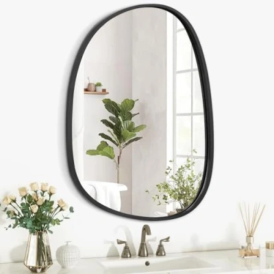 Afbeelding van Asymmetrische houten wandspiegel, onregelmatige ovale hangende framespiegel voor muur, ijdelheid, badkamer, woonkamer, slaapkamer, entree, hal, moderne unieke decoratieve artistieke spiegel, zwart