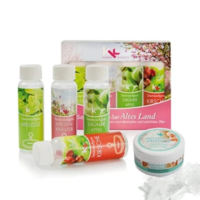 Afbeelding van sauna set KK infusie 4 x 100 ml + 50g mentholkristallen concentraat geschenkdoos cadeauset (oud land, incl. 50 g menthol kristallen)