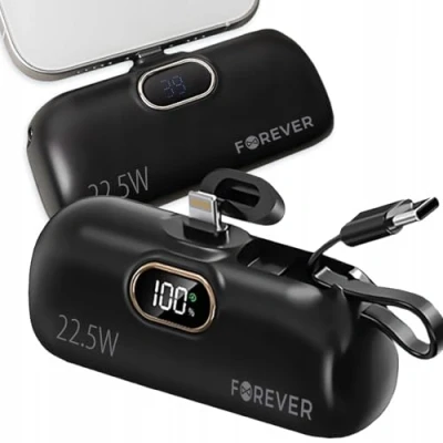 Afbeelding van Forever, Externe 5000mAh batterij Lightning connector + geïntegreerde USB C kabel, Zwart