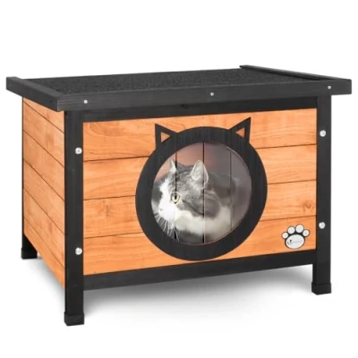Afbeelding van VOUNOT® kattenhuis van hout, weerbestendig met klapdeur in kattenoren design en hoogte verstelbare poten, kattenhok voor buiten, 57 x 45 43 cm