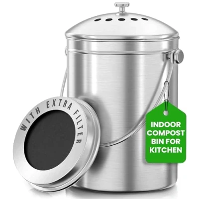 Afbeelding van Utopia Kitchen Roestvrij Staal Compostbak voor aanrechtblad 5 Liter Keukenemmer Compost met deksel Inclusief 1 Reserve Houtskool Filter