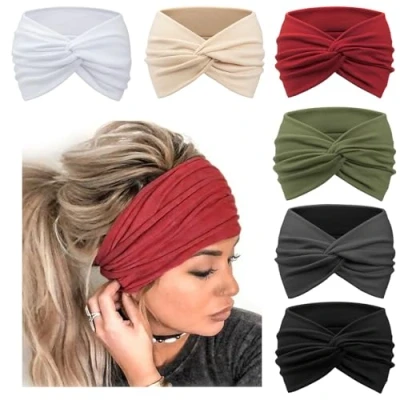 Afbeelding van DRESHOW 6 Pak Brede Hoofdbanden voor Vrouwen Extra Grote Tulband Hoofdband Boho Hoofd Wrap Elastische Haarbanden