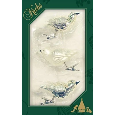 Afbeelding van Krebs glas Lauscha Kerstboomversiering van vogels in zilver/satijn op clip grootte ca. 11 cm 3 stuks
