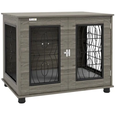 Afbeelding van PawHut Hondenbench, hondenhuis met kussen, afsluitbare voordeur, indoor hondenhok ventilatie voor middelgrote honden tot 20 kg, grijs, 80 x 56 63 cm