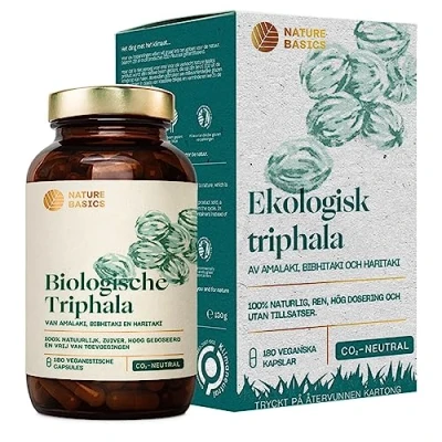 Afbeelding van Nature Basics® BIO Triphala capsules gecertificeerd &amp; duurzaam in een potje Natuurlijke Ayurveda hoog gedoseerd met 1.500mg per dagelijkse dosis 180 lab getest uit DE
