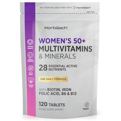 Afbeelding van Multivitamine Vrouwen +50 27 Vitaminen en Mineralen 120 Vegetarische Tabletten met Coenzym, Ijzer, Biotine, Vitamine B6, &amp; B12 Horbaach