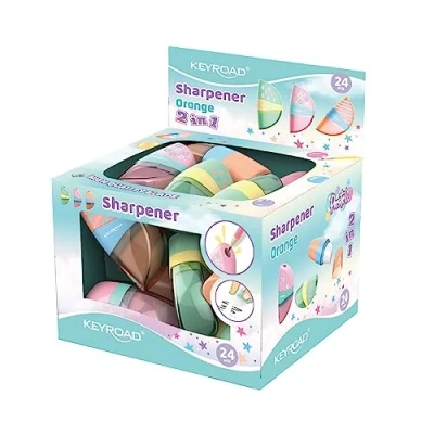 Afbeelding van KEYROAD Ergonomische puntenslijper, afzonderlijk oranje, pastel, 2 in 1 met gum, 24 stuks, kunststof, messen van staal, potloden en kleurpotloden