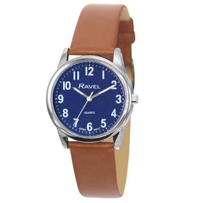 Afbeelding van Ravel Plus Heren alledaags horloge met extra lange levensduur en een lederen band van microvezels Japanse analoge kwarts RP004M Lichtbruin/Zilverkleurig/Blauwe Wijzerplaat