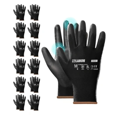 Afbeelding van LANON 12 Paar Werkhandschoenen, Beschermende Handschoenen voor Heren en Dames, PU Grip Coating, Naadloos Gebreid, Zwart(M/8)