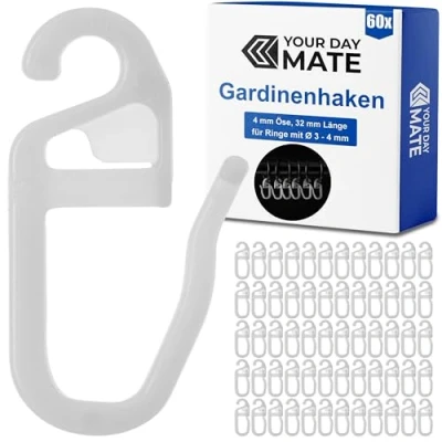 Afbeelding van Gordijnhaken, 60 stuks, wit, overcliphaken met een oogje van 4 mm, voor gordijnringen tot gordijnroedes en gordijnroedes, vouwhaken, gordijnringen, gordijnclips, gordijnclips