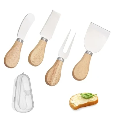 Afbeelding van MisFun 5 stuks kaasmessen met doos, klein kaasmes, mini kaasmes van roestvrij staal, keuken houten handvat voor cake, dessert, kaas (B)