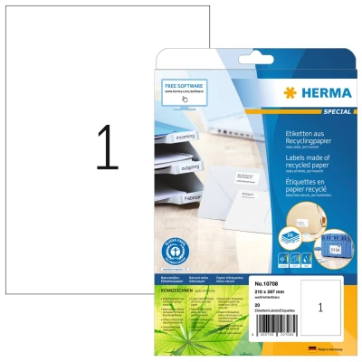 Afbeelding van HERMA 10708 Recycling etiketten DIN A4 groot (210 x 297 mm, 20 vellen, gerecycled papier, mat) zelfklevend, bedrukbaar, permanent hechtende adreslabels, zelfklevende etiketten, natuurlijk wit
